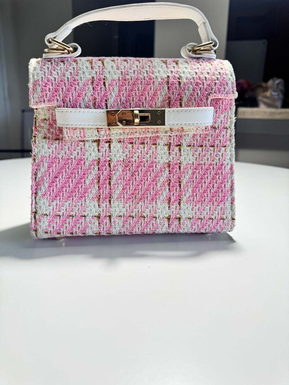Francesca's Pink and White Tweed Plaid Top Handle Crossbody Bag